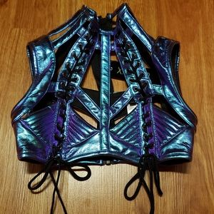 Dolls kill iridescent blue harness cage bra top